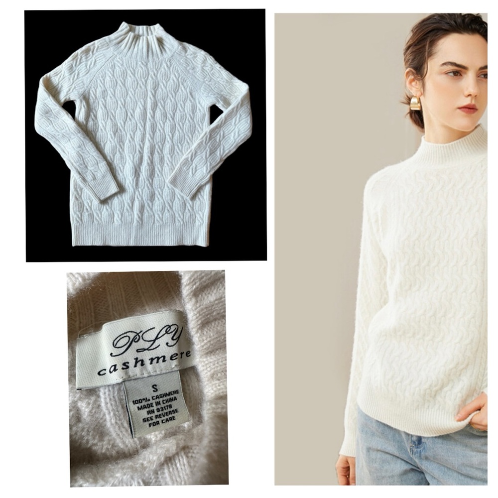 PLY Cable-Knit Long Sleeve Cashmere Mock Neck Sweater